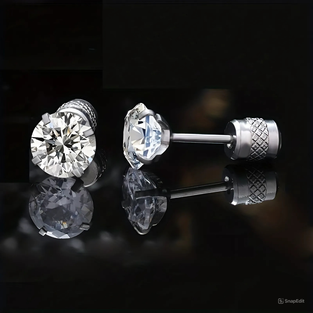 Khuyên Tai Titan Nam Nữ Xỏ Lỗ KIN ACCESSORIES Bông Tai Bạc Đính Đá Zircon cao cấp phong cách hiện đại sang trọng đi tiệc