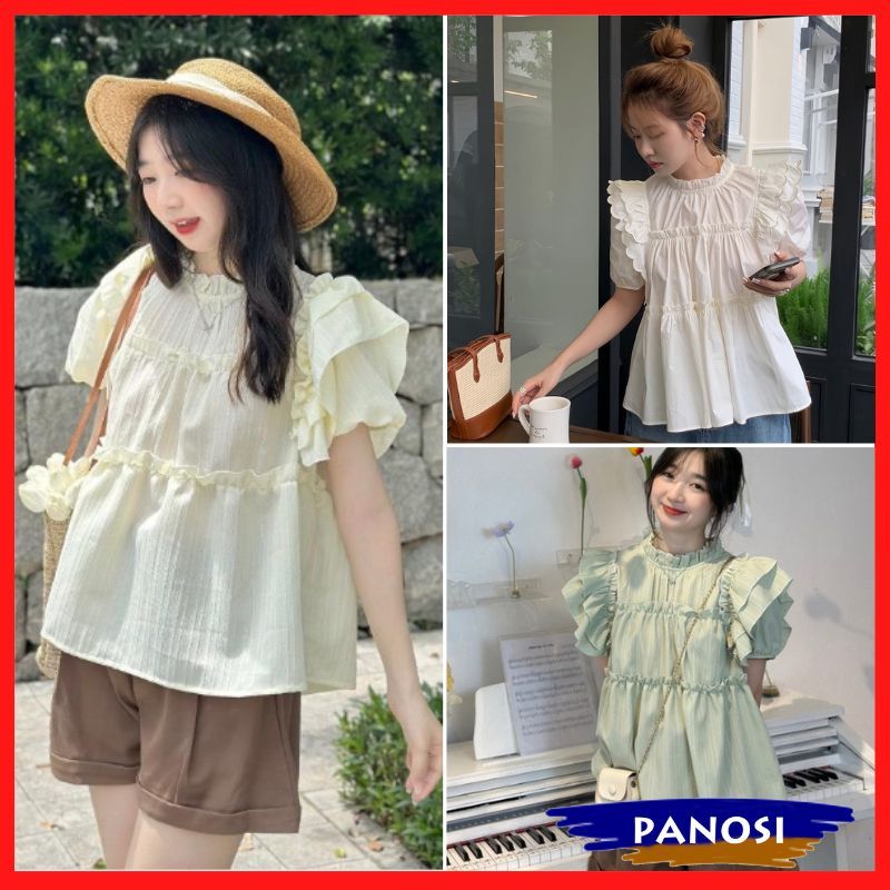 Áo baby doll tay bồng áo kiểu nữ dáng bèo xinh chất đũi gân mềm mịn phong cách Hàn Quốc A244 PANOSI