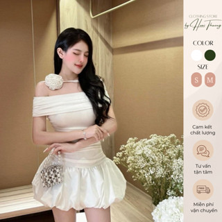 Váy tiểu thư trễ vai kèm hoa cổ choker lót quần 2 màu siêu xinh
