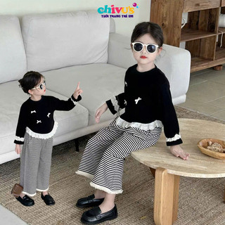 Set đồ bộ bé gái gồm áo cotton tàu phối nơ viền ren mix cùng quần xuông kẻ cho bé 12-32kg