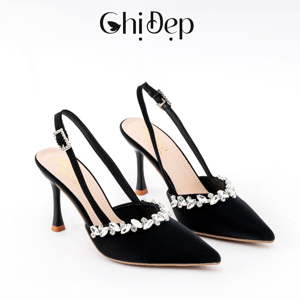  Giày cao gót bít mũi viền đá 9 phân Chị đẹp store cao gót chất tuyết nhung viền đá 9 phân mã U88 