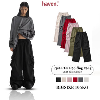 Quần túi hộp jogger ống rộng nữ Haven kaki cotton, kèm dây rút jogger bigsize đen, trắng, xám, be, hồng, đỏ