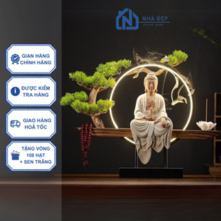 Thác khói trầm hương tượng Phật A Di Đà gốm tử sa kèm cây và kệ đèn led hào quang trang trí decor