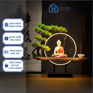 Tượng Phật Thích Ca ngồi thiền gốc cây kèm kệ đèn led thác khói trầm hương decor phong thủy an nhiên