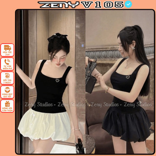 Váy hai dây bản to cổ vuông chất tăm phối chân váy bồng thô kèm tag trái tim, đầm nữ bồng bềnh V105 ZENY STUDIOS