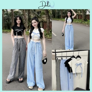Set Bộ 2 Món Gồm Áo Thun Croptop Đính Nơ Quần Xuông Kẻ Caro Hack Dáng