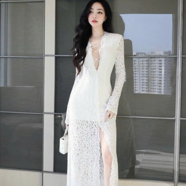Đầm váy ren nữ 2 lớp cài dây ngực xẻ tà cao sang chảnh sexy, Váy ren body ôm sát dài tay xả tà thiết kế TỰ MAY y1