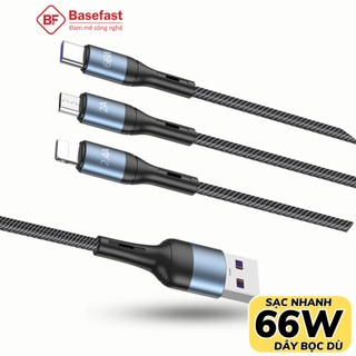 Cáp sạc nhanh 3 đầu 66W Basefast dây dù siêu bền sạc cùng lúc nhiều dòng máy samsung xiaomi oppo