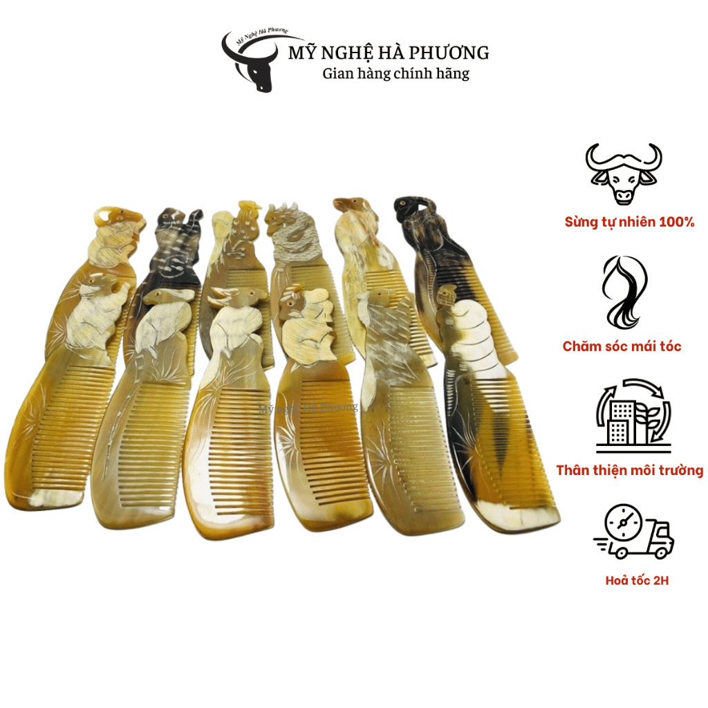 Combo 12 chiếc Lược sừng chạm hình con giáp