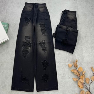 Quần Jean Nữ ống Suông lưng cao rách kiểu Xám Đen ,Quần baggy jean nữ ống rộng màu RETTO TH0580