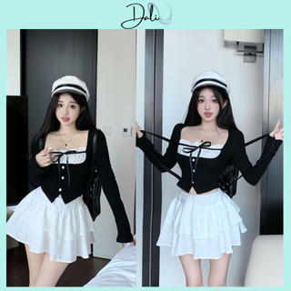 Set Áo Cổ Vuông Phối Bèo Trắng Cột Nơ Nguc Dài Tay + Chân Váy Thô 2 Tầng Sang Chảnh