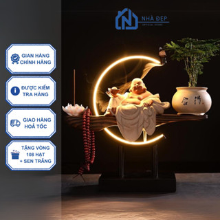 Thác khói trầm hương phật Di Lặc an nhiên gốm tử sa kèm đèn led cao cấp decor trang trí phong thủy