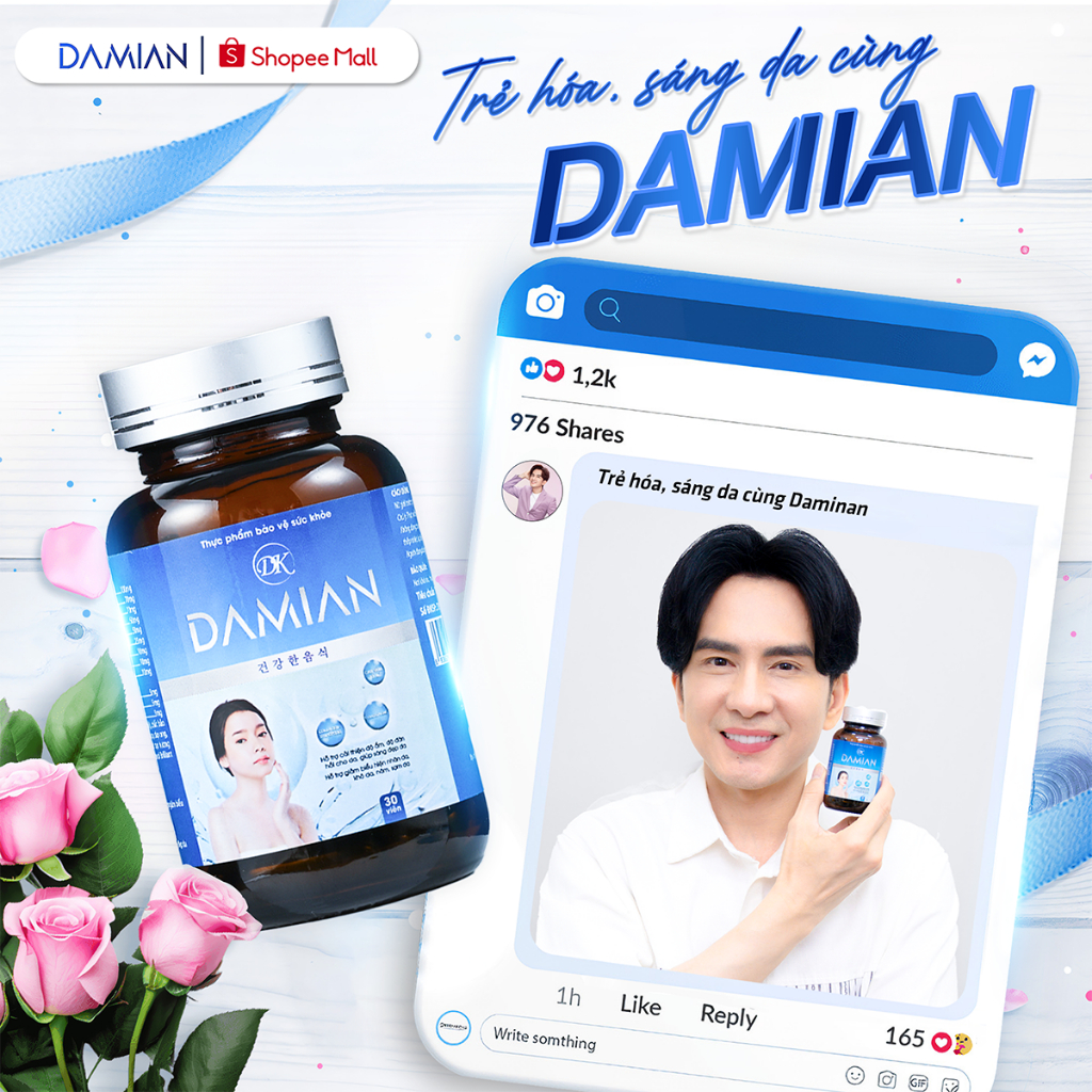 Viên Uống Trắng Da Damian Chứa Glutathione Giúp Trắng Da, Căng Bóng, Mờ Thâm Nám, Tàn Nhang, Sau 1 Liệu Trình