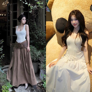 ( Hàng L1 ) Đầm Váy Midi Sát Nách Áo Bodysuit Trắng Dập Ly Tùng Hoa To Bụng Form Dài Rộng Sang Chảnh