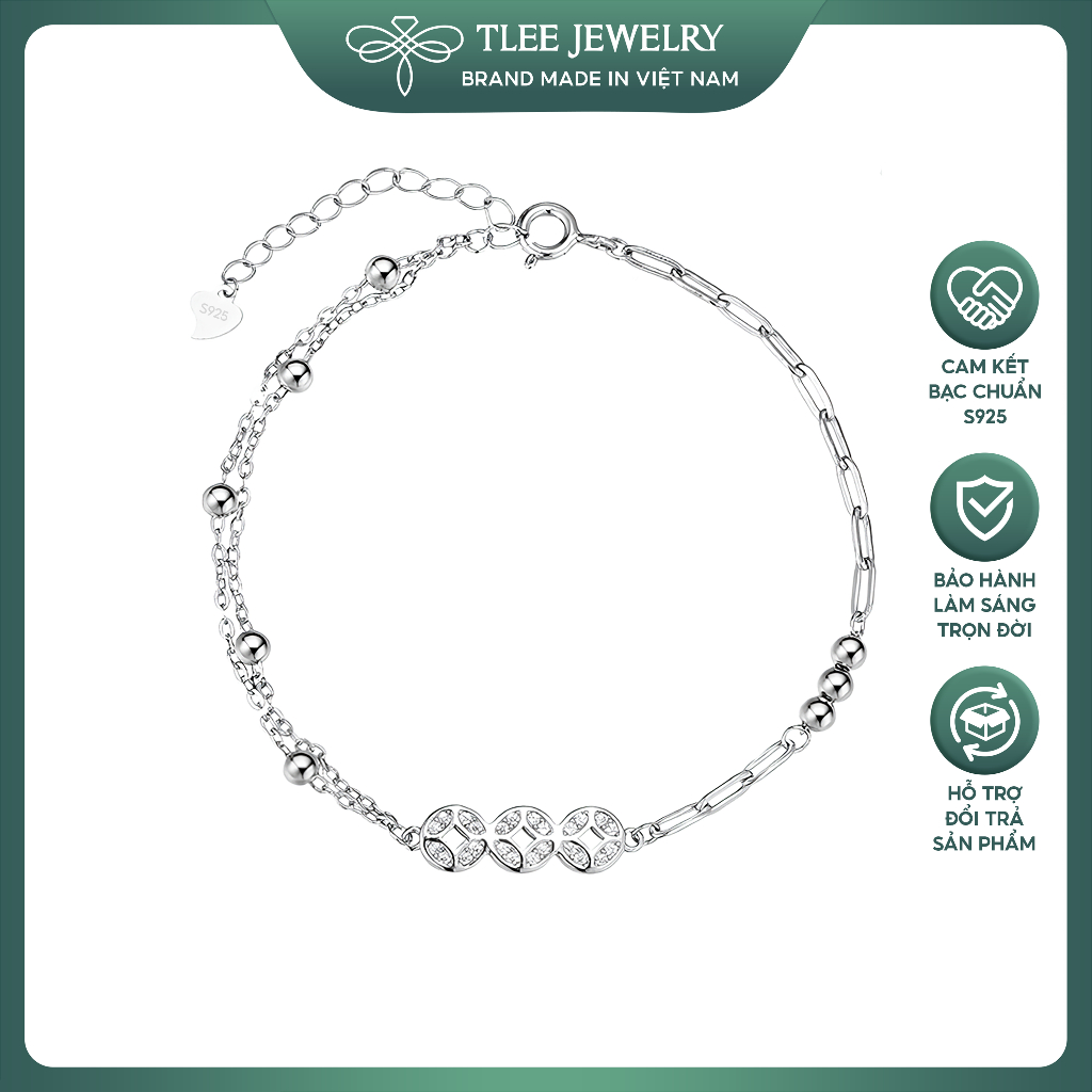 Lắc tay bạc nữ TLEE, vòng tay xích charm kim tiền nhất lộc TLEE JEWELRY LT0353