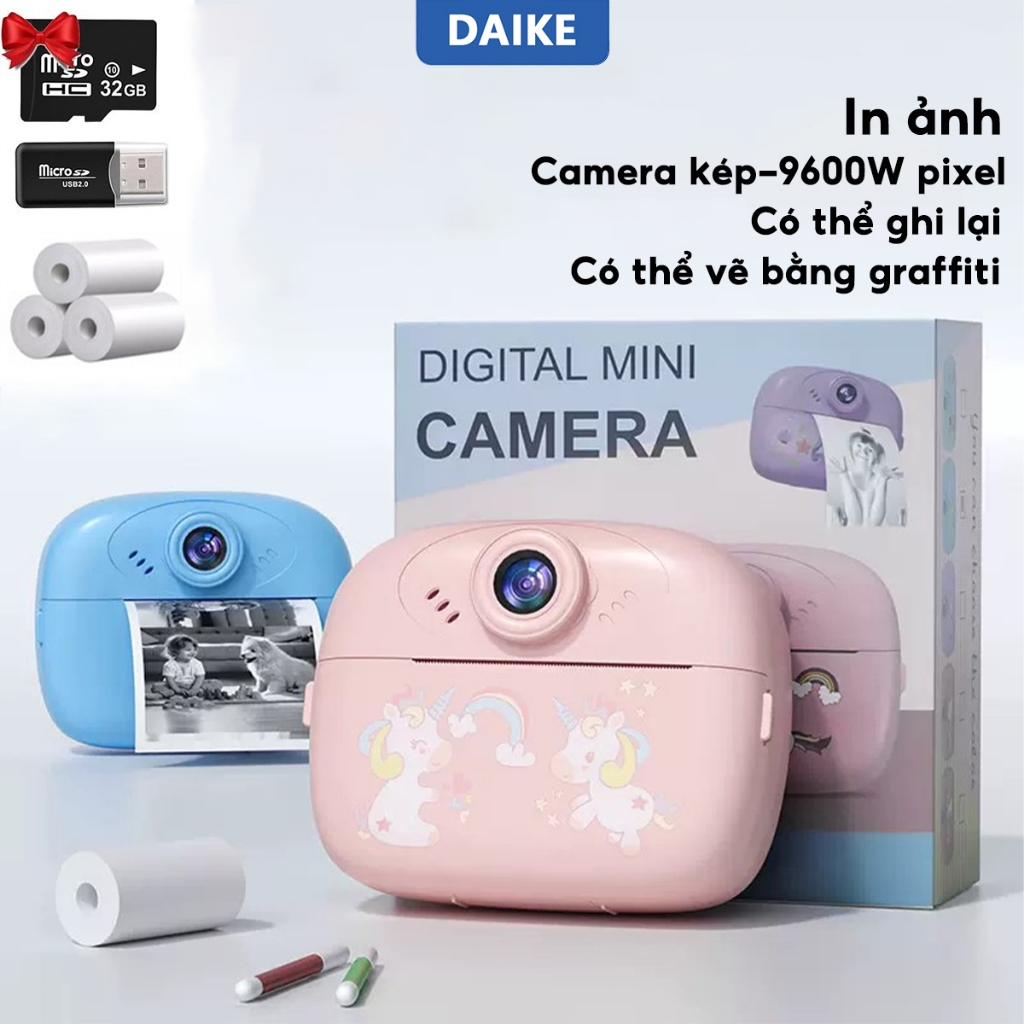 DAIKE Máy ảnh chụp lấy liền,Có tích hợp trò chơi, Quay video,In ảnh trong 3 giây,Tặng kèm thẻ nhớ 32Gb và đầu đọc thẻ