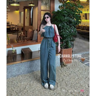 JUM thiết kế tôn dáng chất jean quảng châu 2 màu đậm, nhạt cực xinh cho nàng đi chơi, jum 2 dây dáng dài quần ống rộng