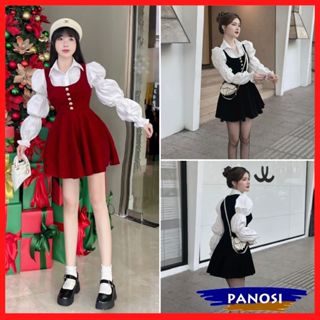 Set sơ mi tay bồng kèm yếm nhung cúc ngọc tiểu thư set rời 2 món,váy nhung xòe chiết eo baby doll kèm áo B208 PANOSI