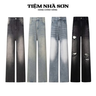 Quần Jean Wash Ống Suông Cạp Cao Unisex Nam Nữ Chính Hãng Tiệm Nhà SƠN
