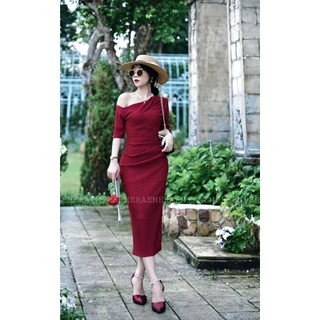  LuciaDress Đỏ - váy thiết kế trễ vai sang trọng chất thun óng ánh nhẹ xếp ly eo tôn dáng Emera 