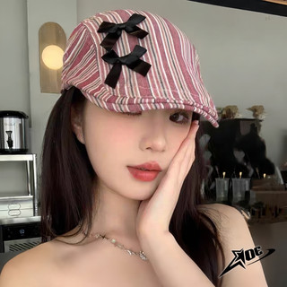 (Có sẵn) AOE STUDIO - Mũ nồi Beret Y2K cao cấp chất nón kaki kẻ sọc đinh nơ dễ thương phong cách Hàn Quốc dành cho nữ