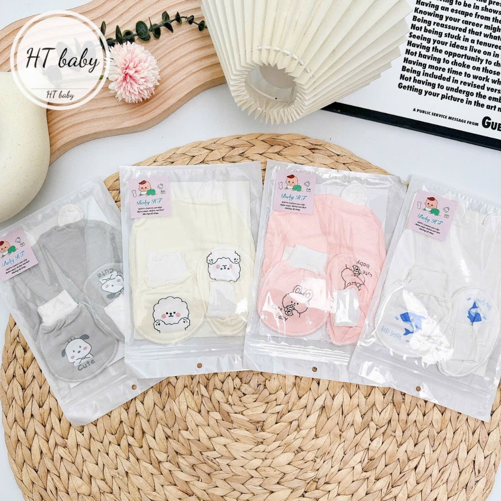 Set mũ bao tay bao chân cho bé Set sơ sinh chất peptit QC cao cấp siêu mềm mát họa tiết đáng yêu cho bé