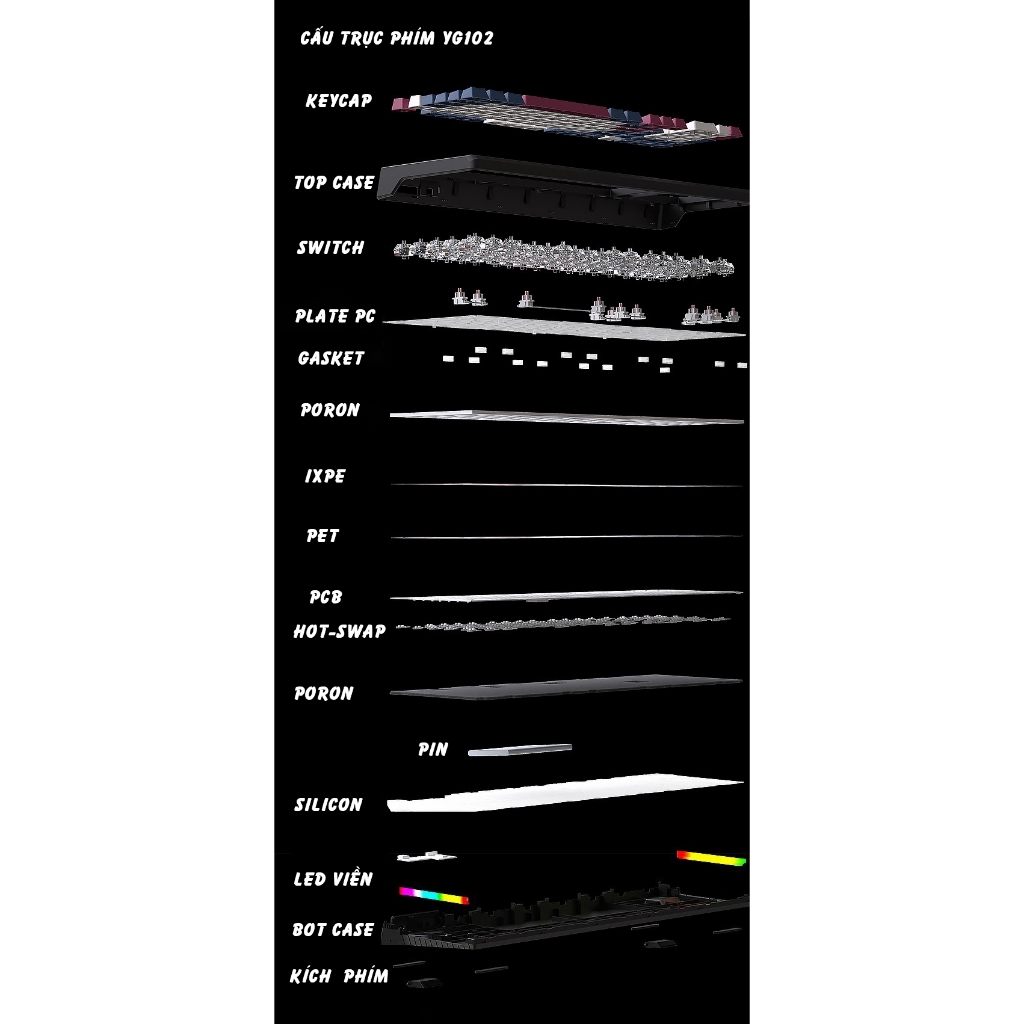 Bàn phím cơ không dây ATAS YG102 - 3 mode kết nối - LED RGB - Có App Marco - Mạch xuôi 5 Pin - Lube | BigBuy360 - bigbuy360.vn
