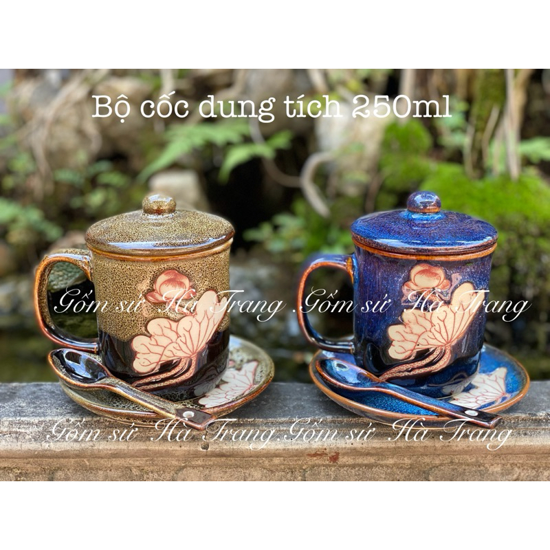 Set cốc đĩa gốm sứ Bát Tràng cao cấp men hoả biến khắc sen chìm dung tích 250ml