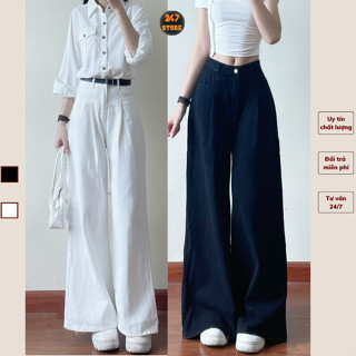 Quần jeans nữ ống rộng công sở xếp ly trước ống suông rộng tôn dáng