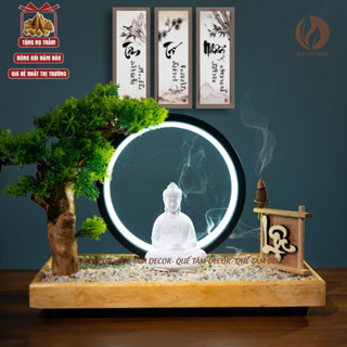 Tiểu Cảnh Bonsai Xông Trầm Thủ Công Trang Trí -  Thác Khói Trầm Hương Tượng Phật Đế Gỗ Rải Sỏi  - Quế Tâm Gia Lai.