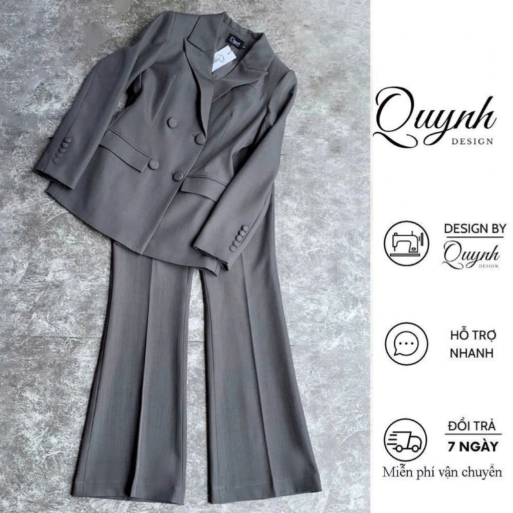 Set vest nữ blazer công sở QUYNH DESIGN cao cấp thiết kế áo chiết eo dài tay quần ống loe màu ghi