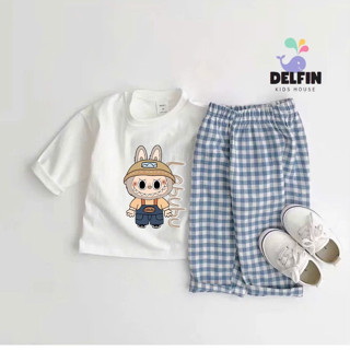 Sét bộ quần dài ống rộng caro áo tay dài bé gái, bé trai LABUBU Delfinkid, sét dài quần suông rộng kẻ caro bé từ 10-30kg