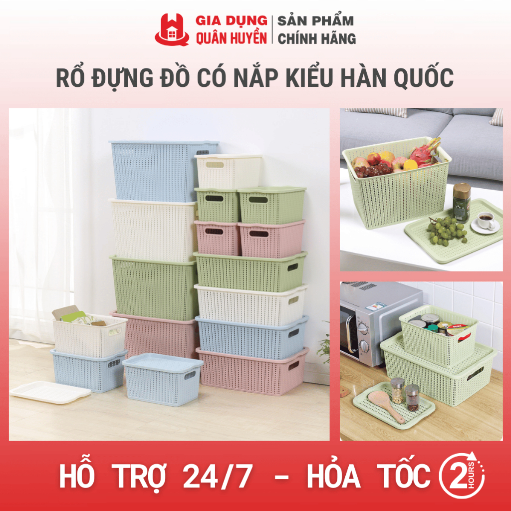 Rổ đựng đồ có nắp kiểu Hàn Quốc I Giỏ nhựa đa năng đựng đồ nhiều kích cỡ