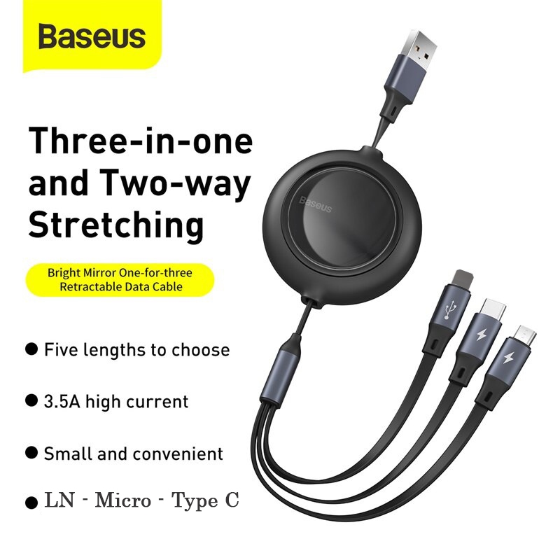 Dây sạc rút 3 đầu Baseus - cáp sạc 3 in 1 micro usb type c đa năng