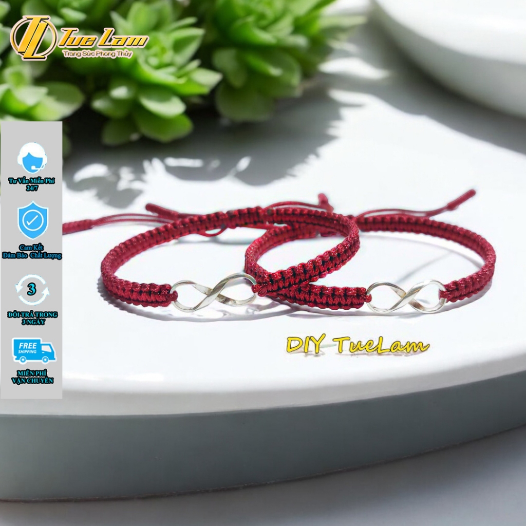 Vòng tay may mắn dây chỉ đỏ đô bện handmade charm bạc hình vô cực tình duyên bình an - DIY TUỆ LÂM