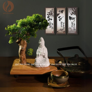 Tiểu cảnh mini tượng phật bên gốc bonsai trang trí bàn trà hoặc góc chép kinh tu tập - Quế Tâm Decor
