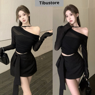 Set Áo Lệch Vai Tay Dài Phối Chân Váy Ngắn Thắt Nơ TIBU Set Đầm Nữ Đen Đơn Giản Lạ Mắt Sang Chảnh Đi Chơi Dạo Phố S29