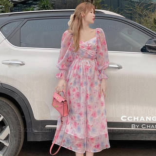 ✨VOAN 2 LỚP✨Đầm voan hoa tơ 2 lớp chéo ngực 2 màu xanh, hồng
