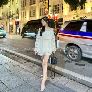 Set Áo Ren Hoa Trễ Vai Tầng Cúp Ngực Kèm Quần Short Tiểu Thư Sang Chảnh Điệu Đà - LIING