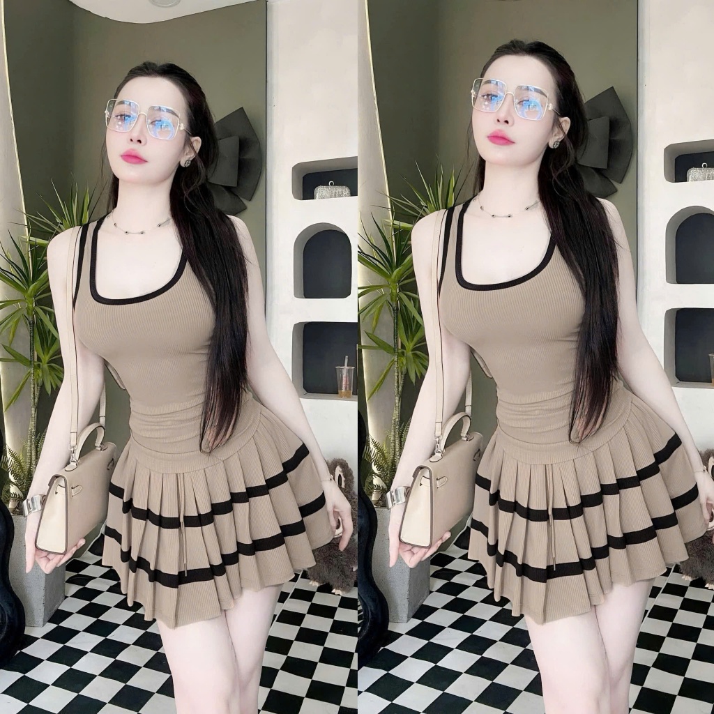 Set Bộ Đồ Nữ Áo Ba Lổ Dáng ôm Body Phối Viền Vạt Lượn Mix Chân Váy Xếp Ly Quần Sọc Ngang Có Lót Trong Thun Tăm 40-95kg | BigBuy360 - bigbuy360.vn