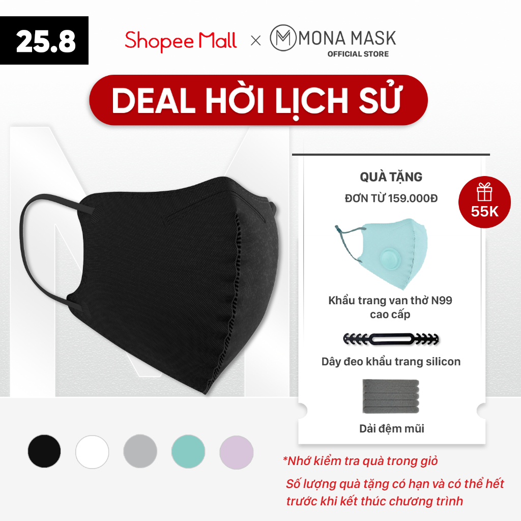 Pack 5 Chiếc Khẩu Trang Bảo Hộ 3D Mona Tiêu Chuẩn N95 Chống Uv Công Nghệ Lọc Nano Ngăn 95% Hạt Bụi Siêu Mịn Tái Sử Dụng