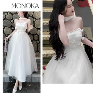 Váy tiểu thư dự tiệc maxi tôn eo dáng xòe bồng phối ren lưới dây cổ choker Đầm nữ cúp ngực đính hoa ngực T454G MONOKA