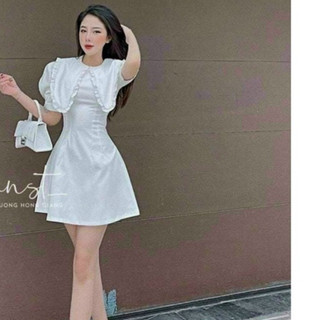 Đầm nữ thời trang mặc đi chơi chất đũi nhăn cổ tròn phối bèo tay ngắn ôm eo váy chữ A phong cách Hàn Quốc