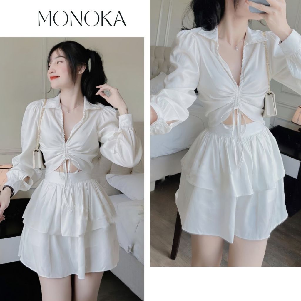Set đồ nữ sơ mi áo rút ngực dáng ngắn bồng vai dài tay cổ bẻ chân váy ngắn xòe 2 tầng có quần trong bảo hộ T453G MONOKA