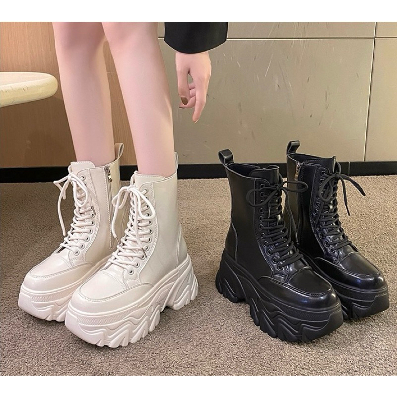 (Sẵn Đen 37) Giày Bốt Nữ Độn Dế 8,5Cm Phong Cách Cá Tính (34-39)