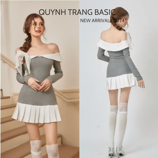 Đầm trễ vai xám phối xếp ly điệu đà Phong cách tiểu thư sang chảnh QuynhTrangBasic