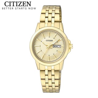 Đồng hồ nữ citizen pin-quartz dây thép không gỉ eq0603-59p - mặt vàng