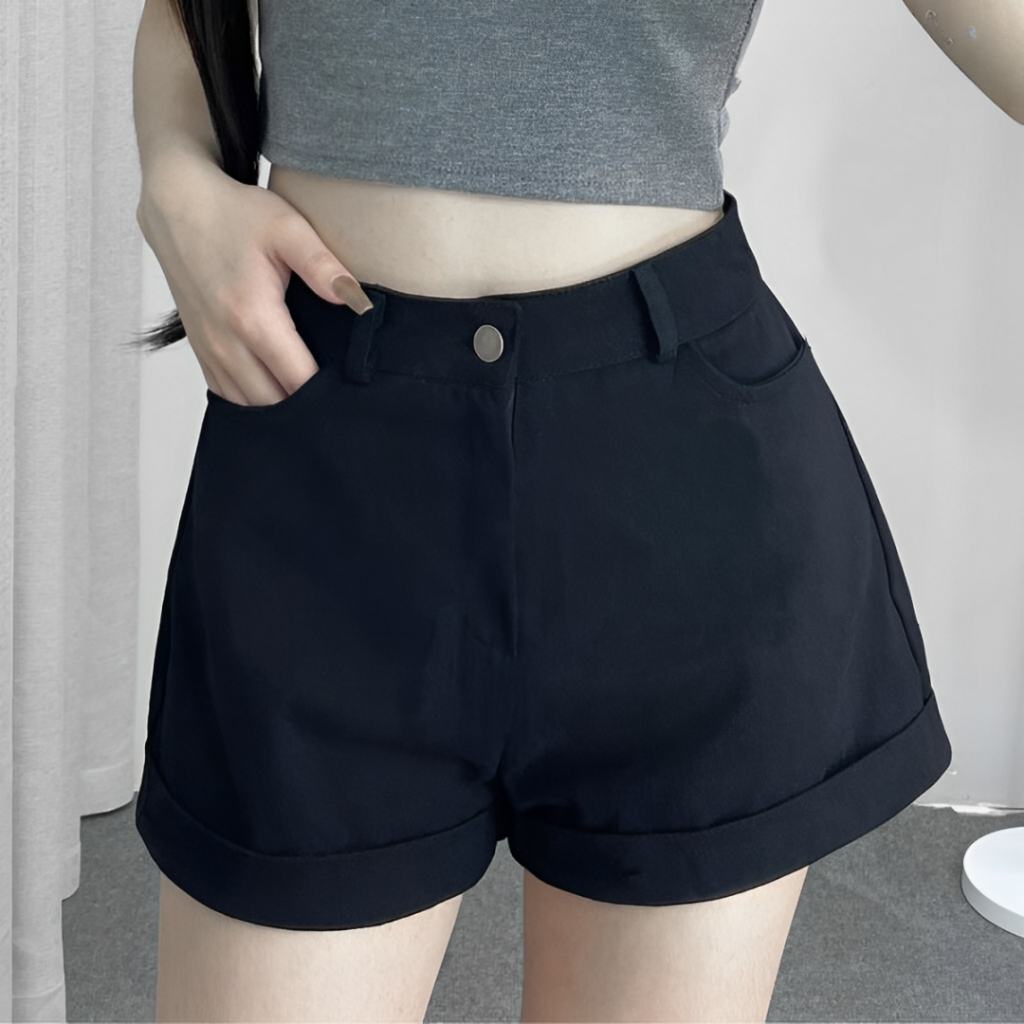 Quần short nữ cạp cao vải kaki cotton gián , quần đùi nữ ngắn gập gấu phong cách thời trang hàn quốc