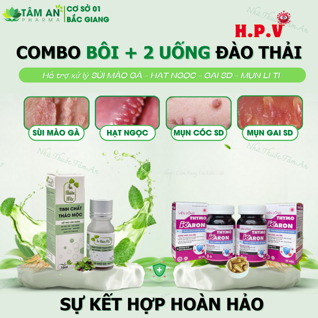 [SÙI MÀO GÀ] [ BÔI UÔNG] Tinh Chất An Nhiên Mộc Bôi Sùi, Hạt Ngọc + 2 Hộp Uống Hỗ Trợ Đào Thải H.P.V