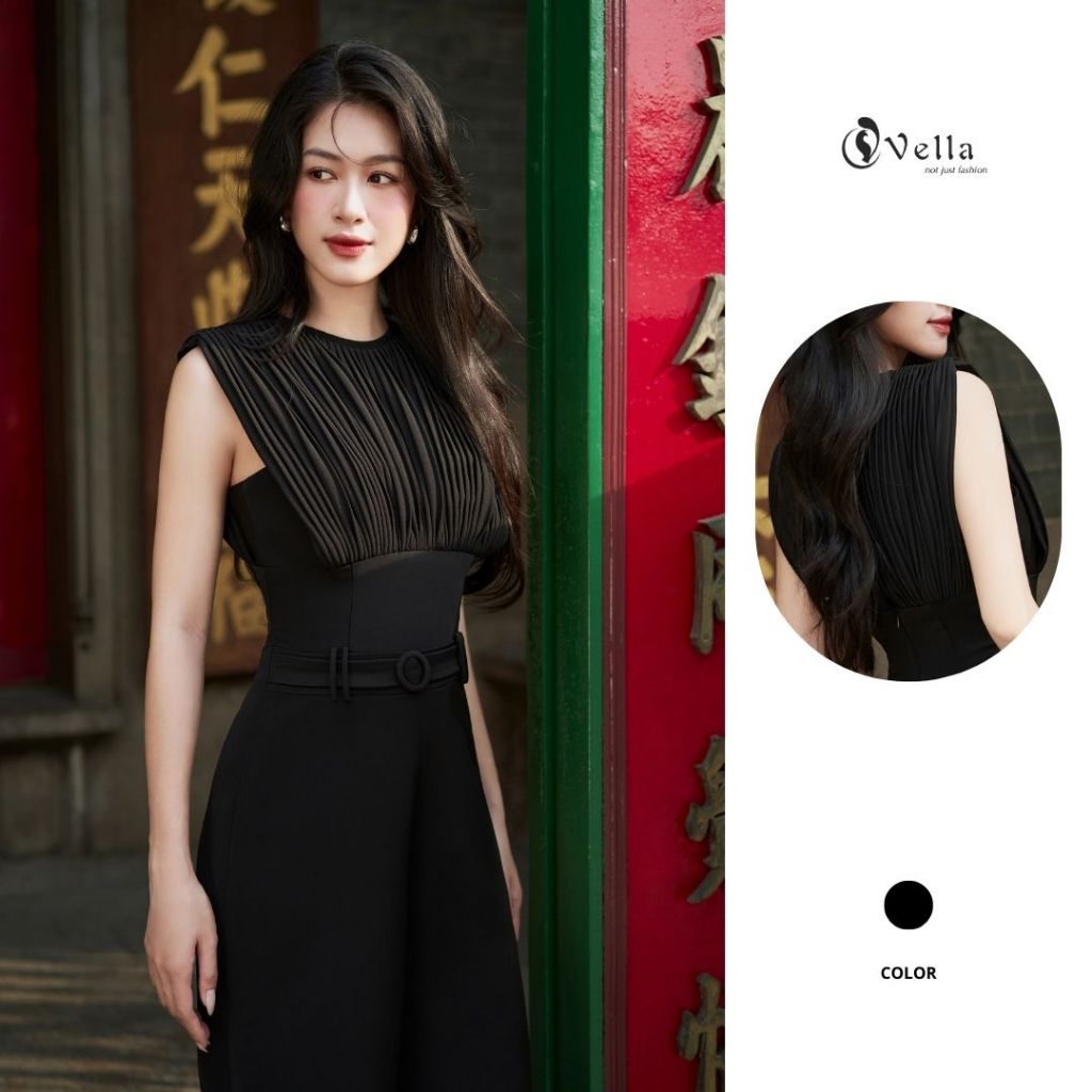 Vella Fashion jumpsuit xếp ly ngực phối belt tôn dáng VJ23155
